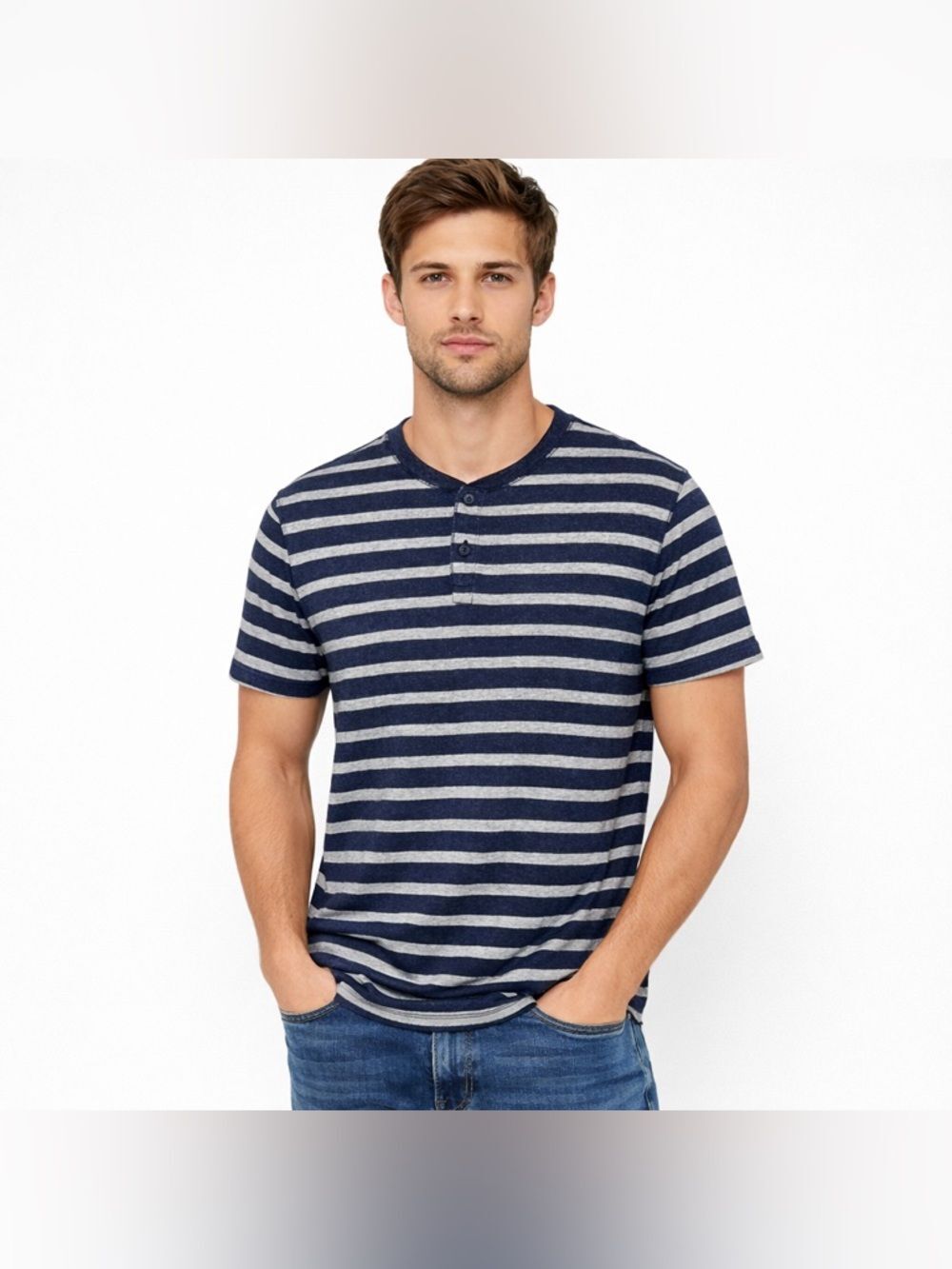 GAP Navy and Heather Gray Striped Henley Tee